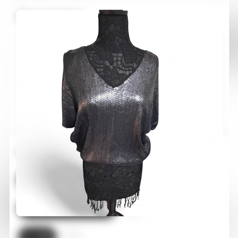 BCBGMaxAzria Metallic Black Sequin Asymmetrical Shirt